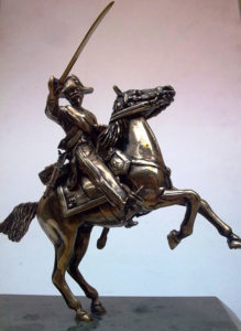 Statua carabiniere a cavallo del 1848 in bronzo massiccio su base in marmo verde Guatemala